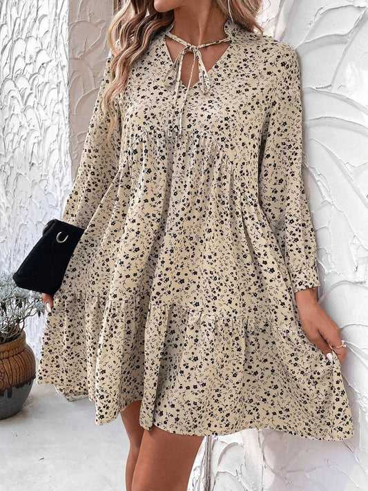 Women's Floral Print Mini Dress - Long Sleeve Tie Neck Casual Summer Dress
