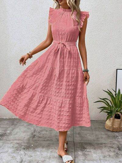 Women's Ruffled Midi Dress with Cap Sleeves - Tie Waist Summer Party Dress coral pink