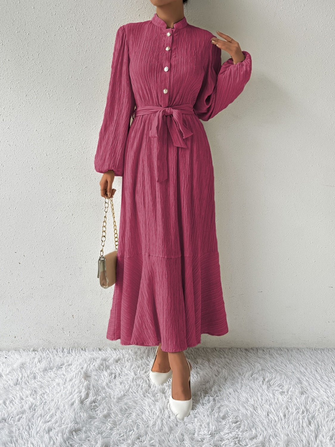 Belted Button Front Long Sleeve Maxi Dress - MARIGOLD