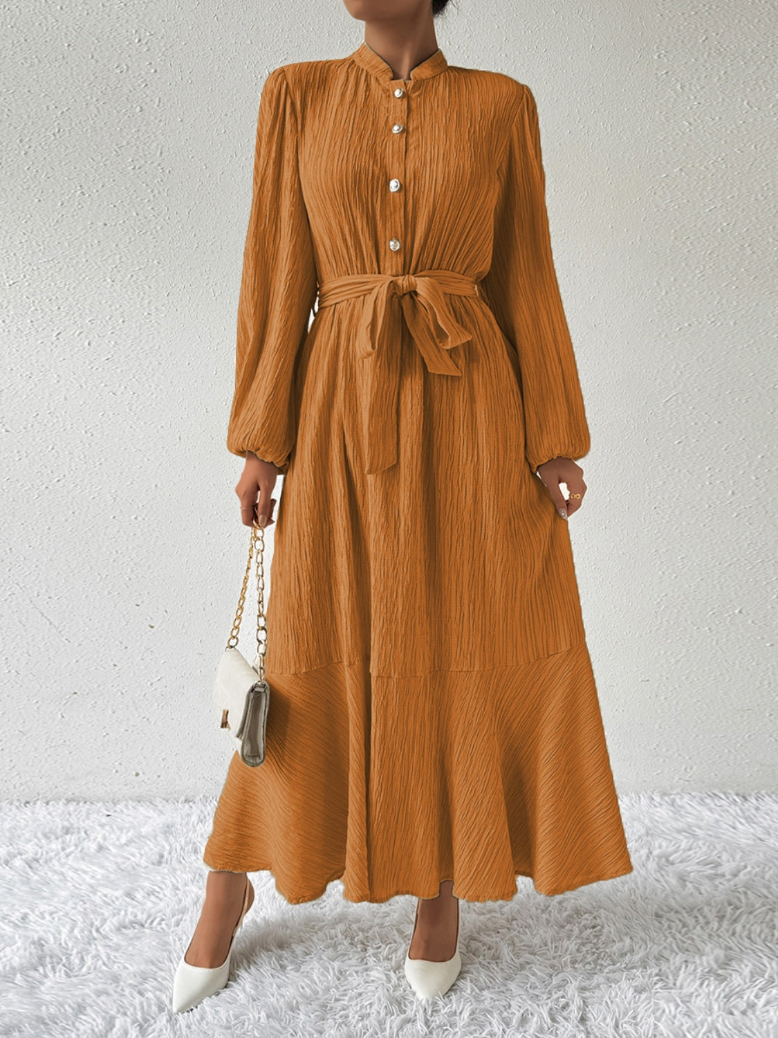 Belted Button Front Long Sleeve Maxi Dress - MARIGOLD