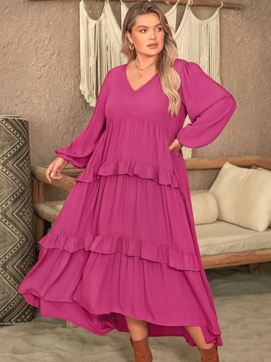 Plus Size Ruffled V-Neck Long Sleeve Dress - MARIGOLD