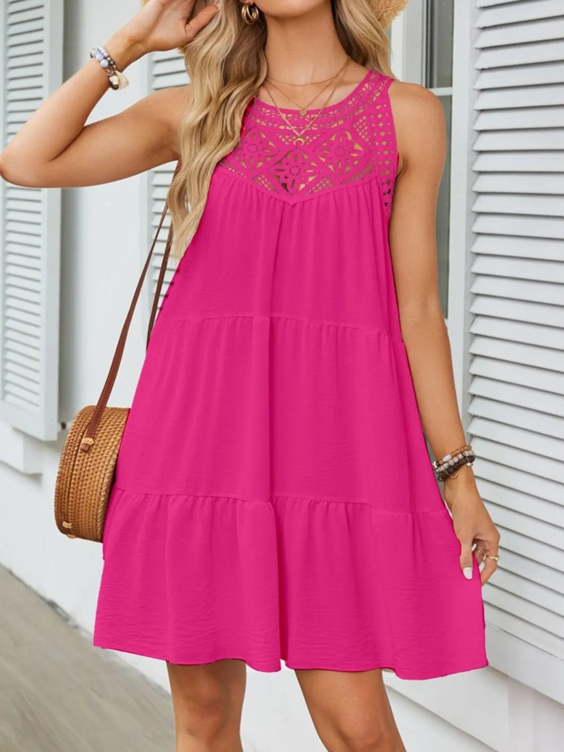 Lace Neckline Tiered Mini Dress - MARIGOLD