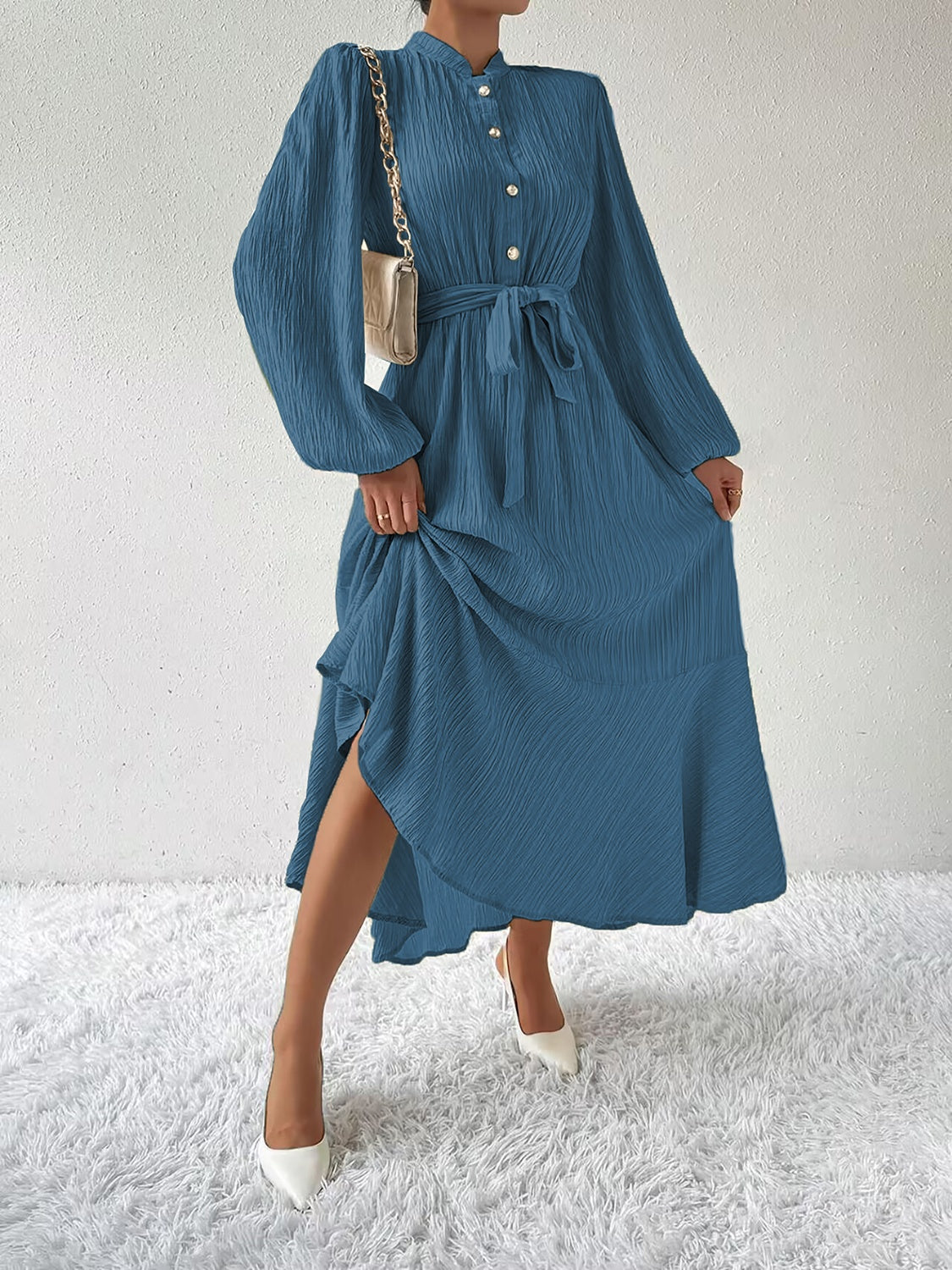 Belted Button Front Long Sleeve Maxi Dress - MARIGOLD