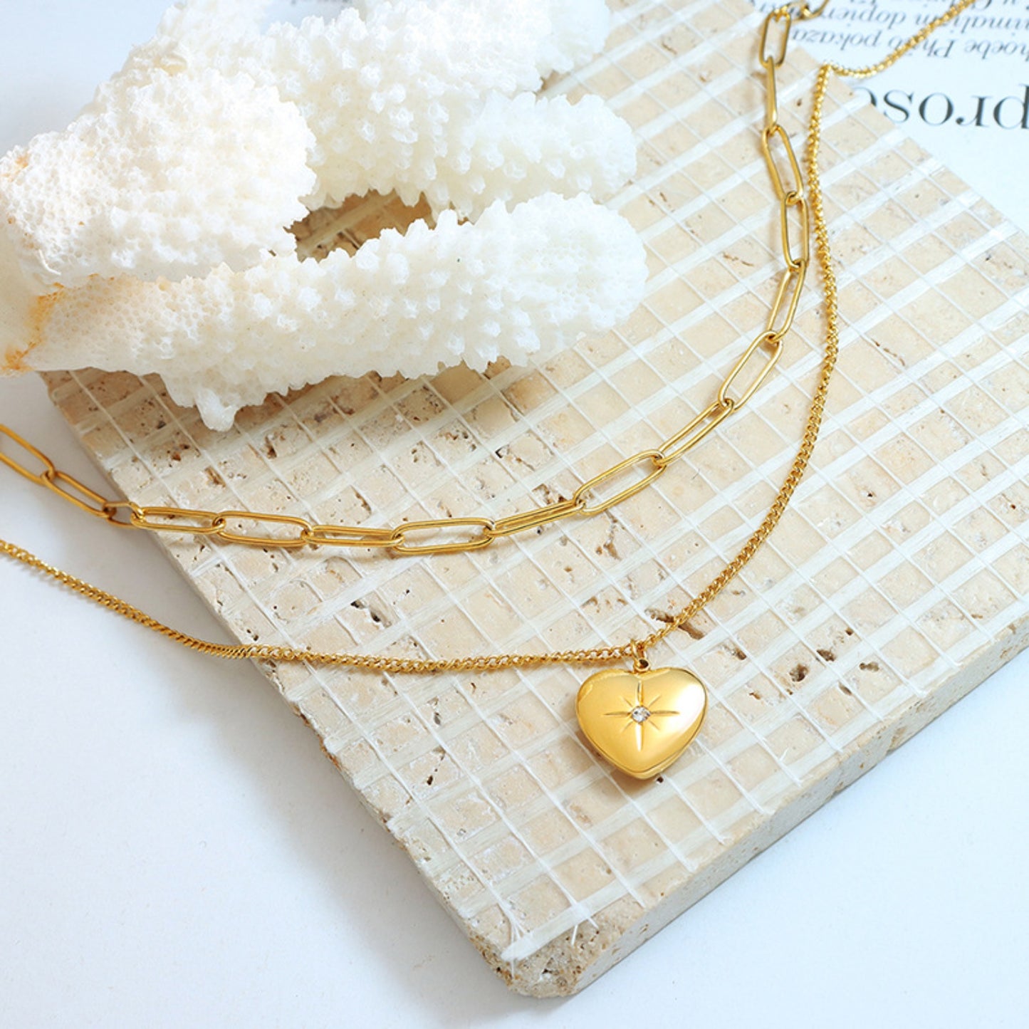 Double-Layered Heart Pendant Titanium Necklace - MARIGOLD