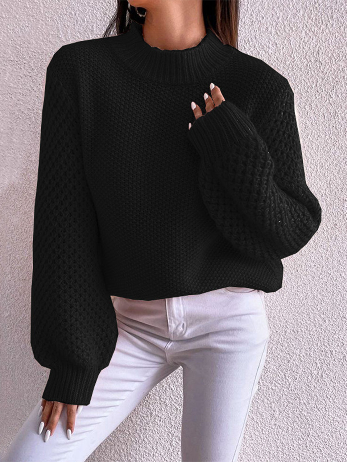 Open-Knit Mock Neck Long Sleeve Sweater - MARIGOLD