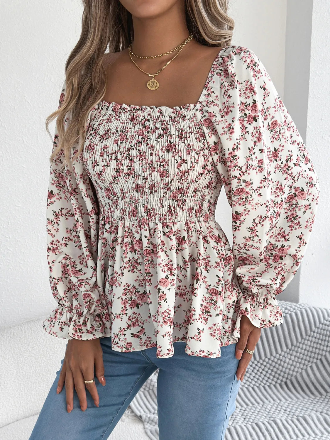 Floral Square Neck Flounce Sleeve Blouse - MARIGOLD