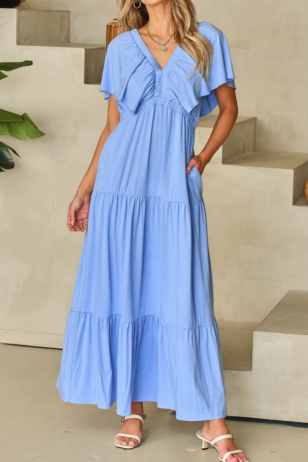 Ruffled V Neck Flutter Sleeve Maxi Dress - MARIGOLD