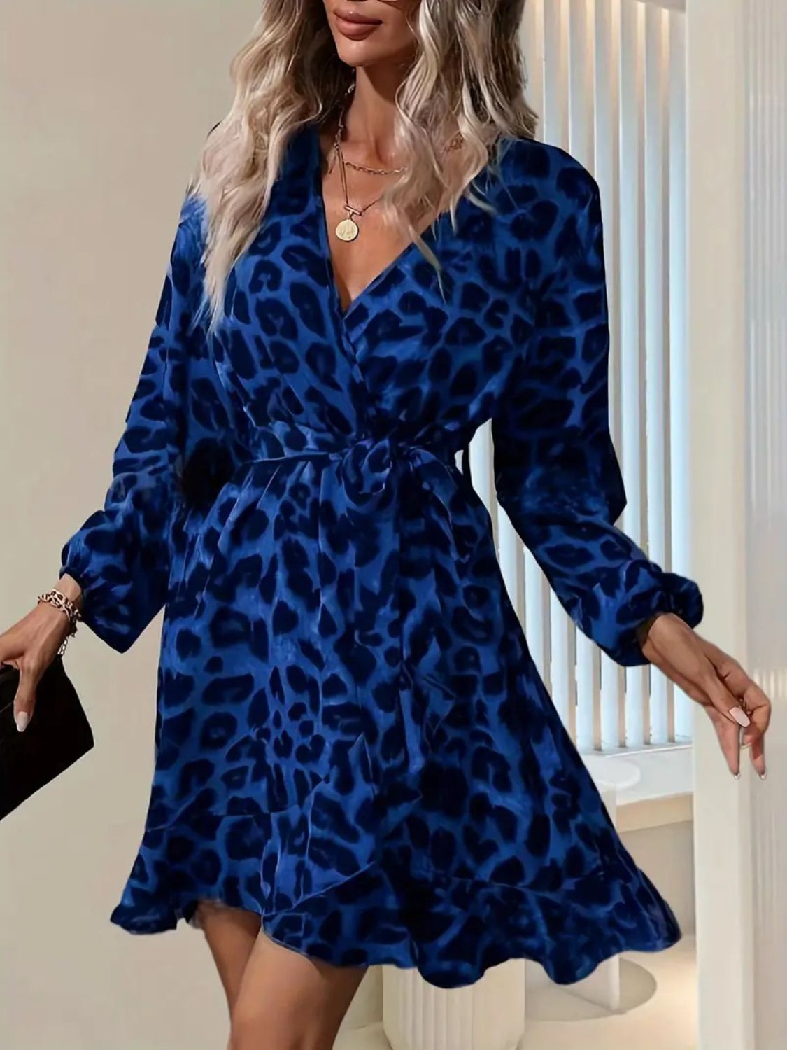 Surplice Mini Dress with Balloon Sleeves & Waist Tie - MARIGOLD