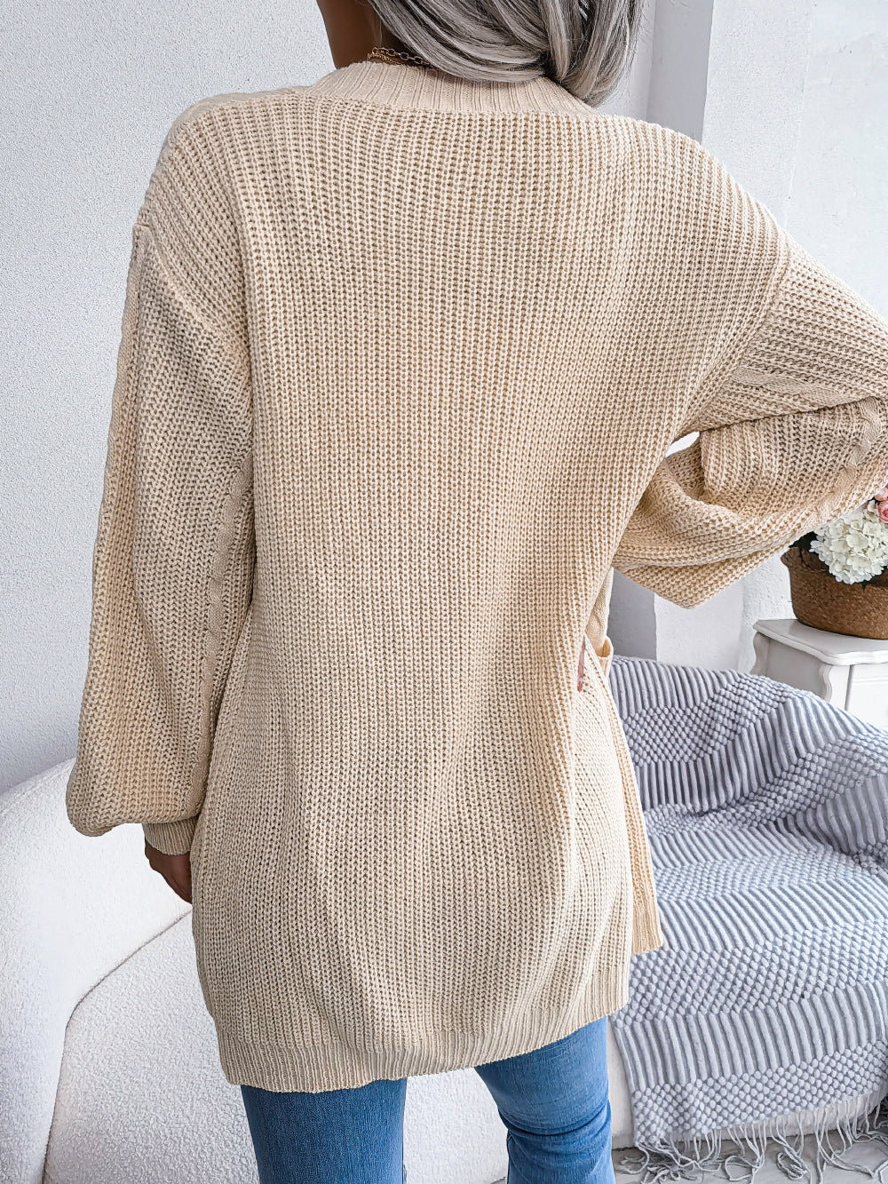 Cable-Knit Open Front Pocketed Cardigan - MARIGOLD
