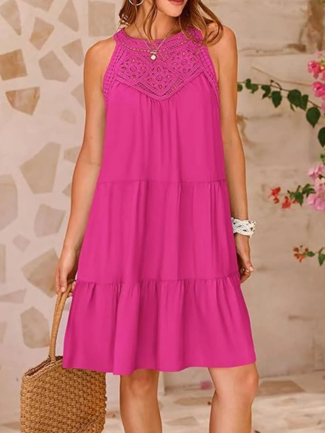 Lace Neckline Tiered Mini Dress - MARIGOLD