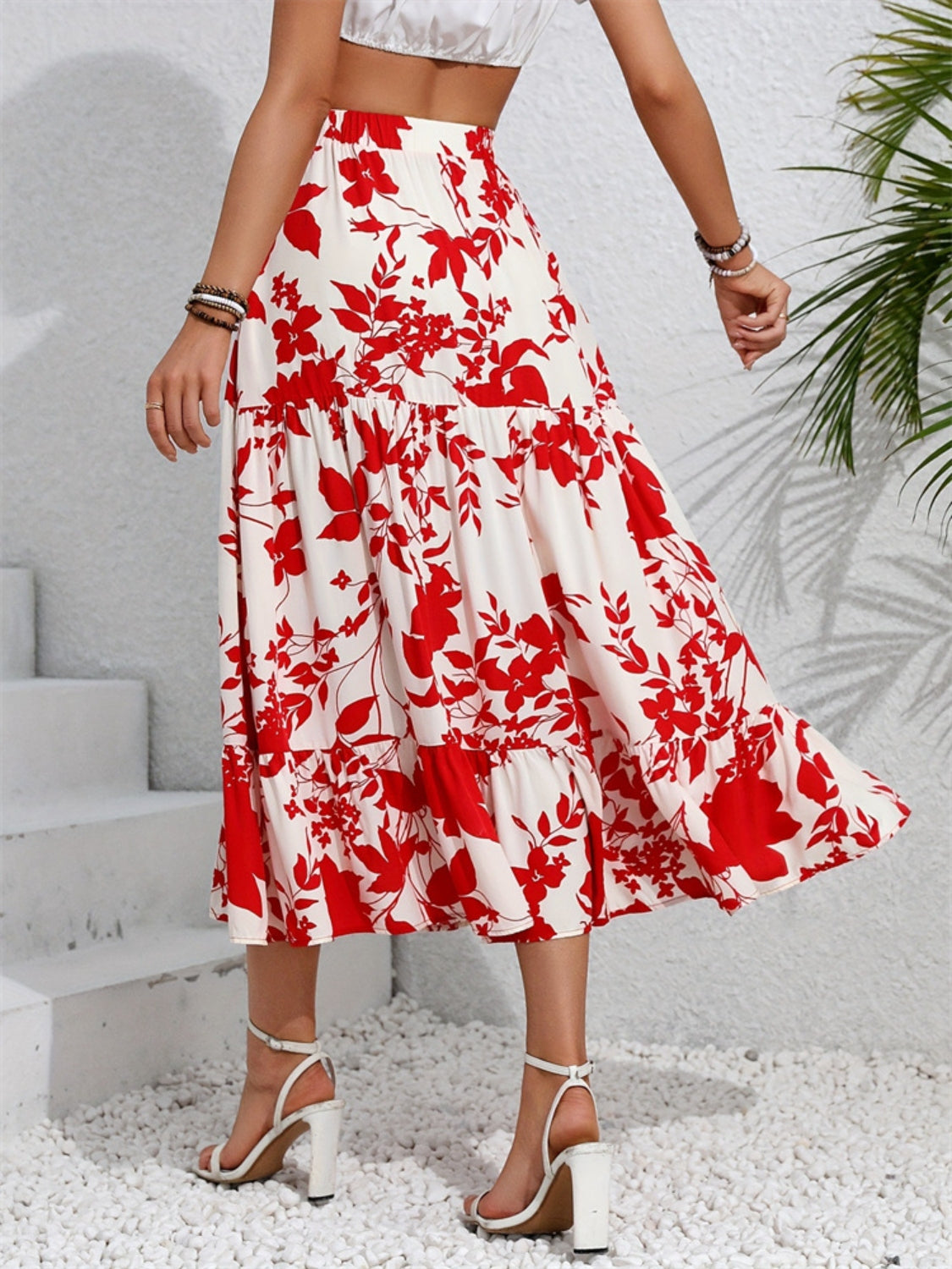 Vibrant Red Floral Print Tiered Midi Skirt - MARIGOLD