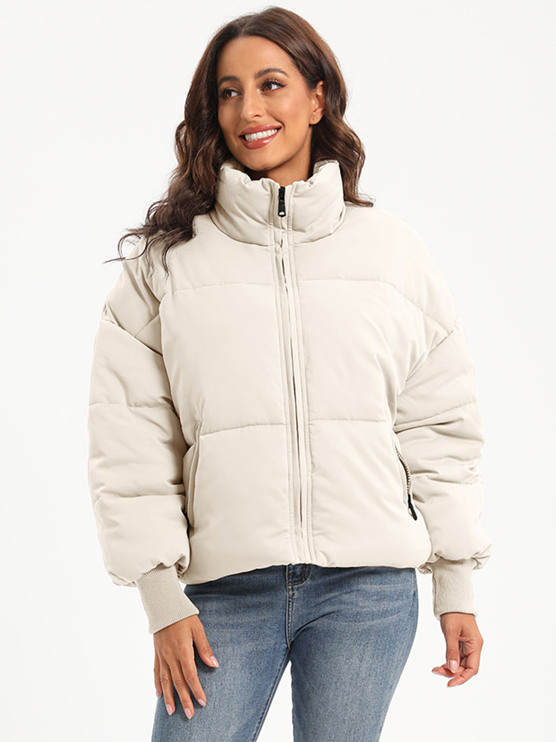 Zip Up Turtleneck Long Sleeve Puffer Jacket - MARIGOLD