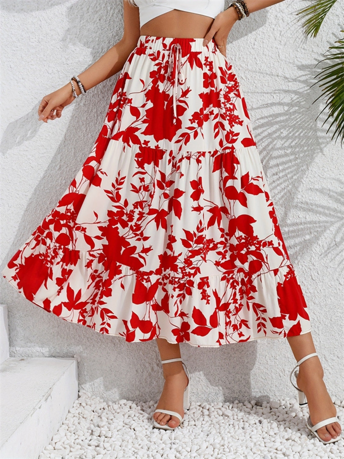 Vibrant Red Floral Print Tiered Midi Skirt - MARIGOLD
