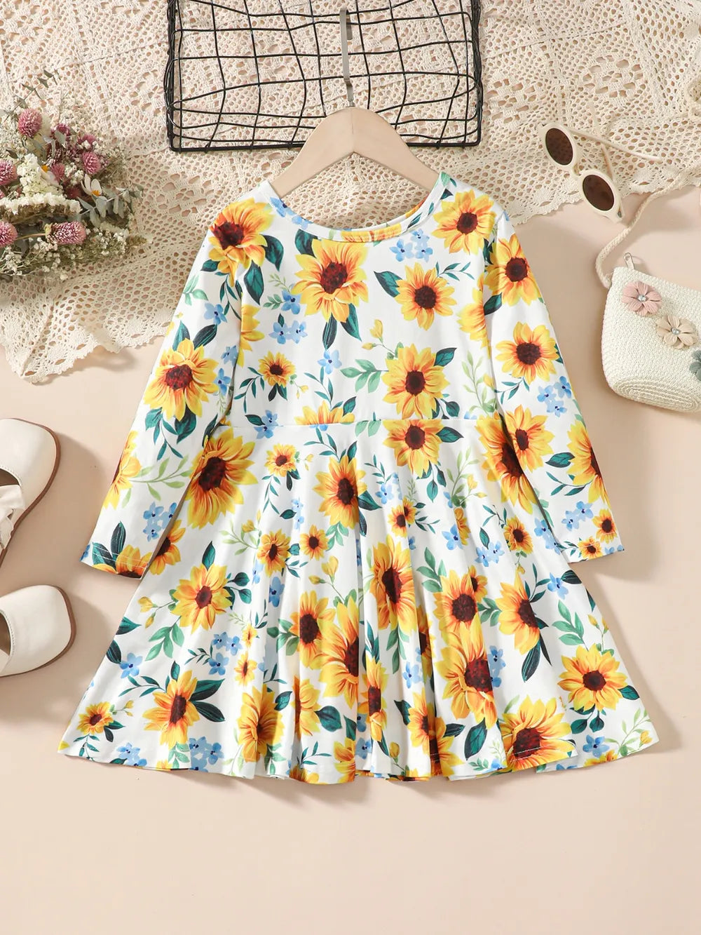 Sunflower Print Long Sleeve Dress - MARIGOLD