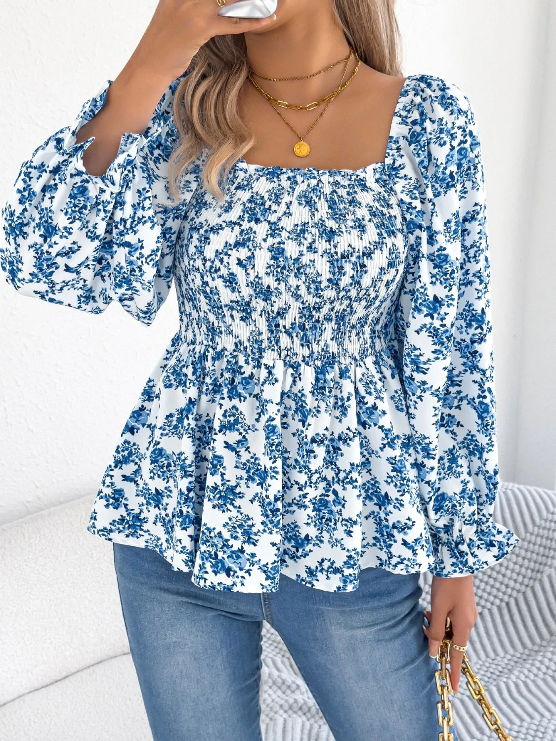 Floral Square Neck Flounce Sleeve Blouse - MARIGOLD