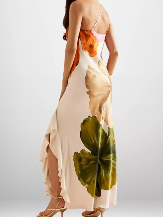 Floral print one-shoulder maxi dress by Marigold Collections Australia, elegant evening dress with vibrant floral pattern.