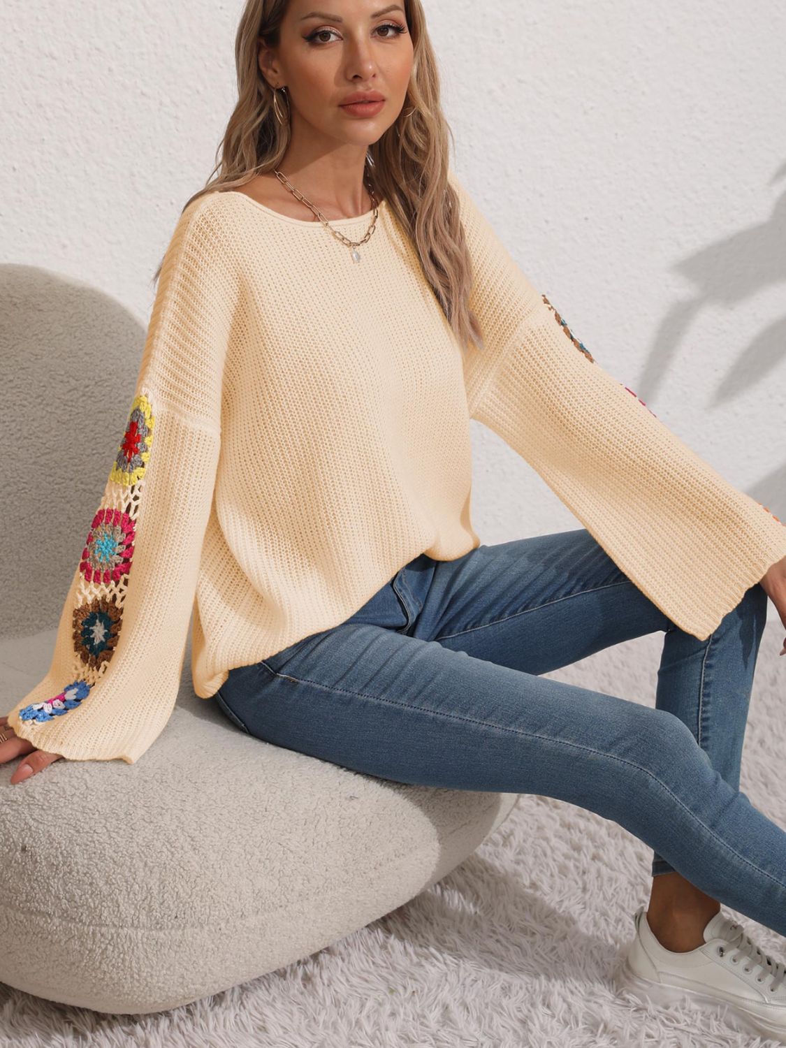 Flower Crochet Knit Long Sleeve Sweater - MARIGOLD