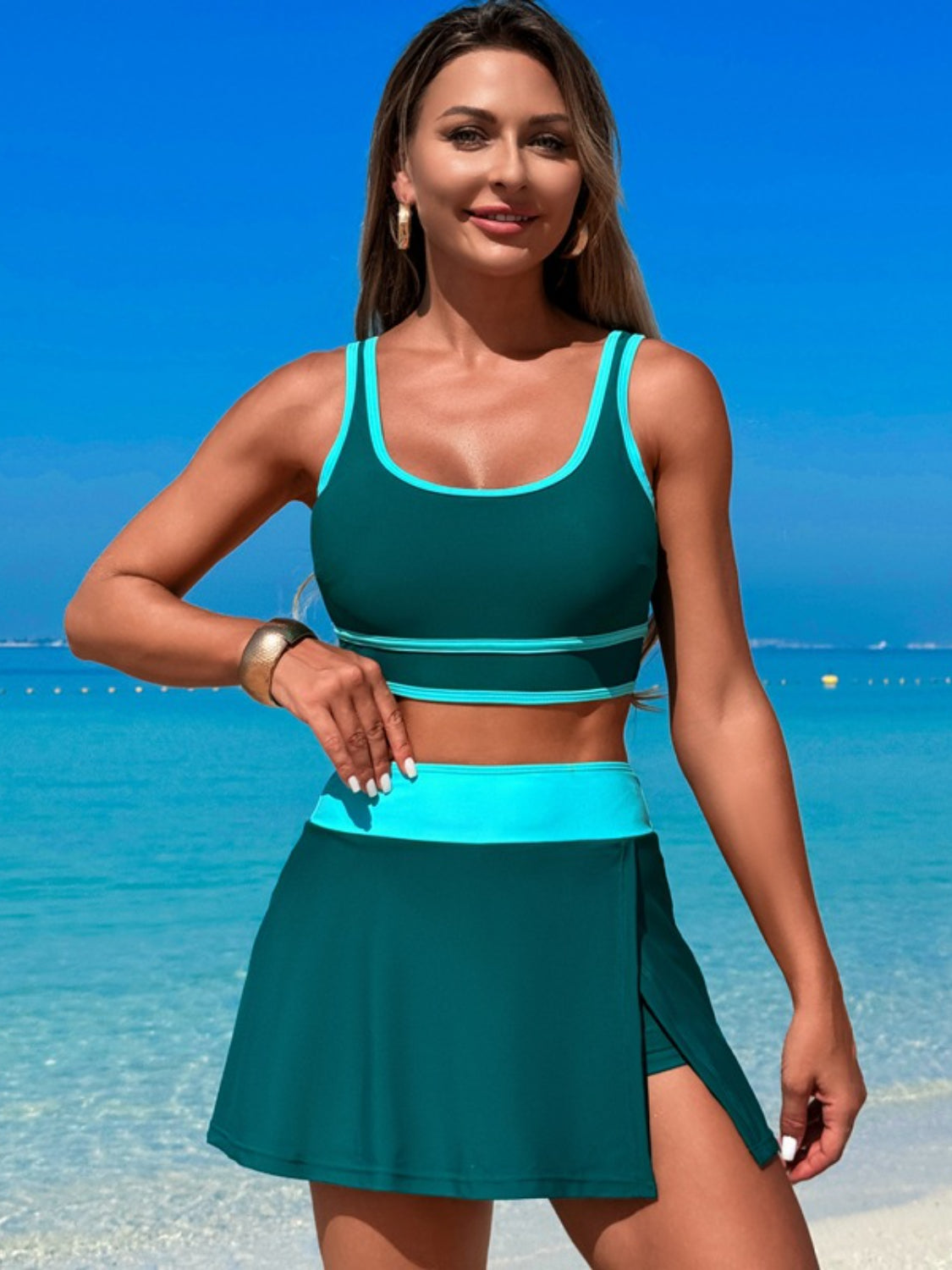 Scoop Neck Top and Skort Swim Set - MARIGOLD