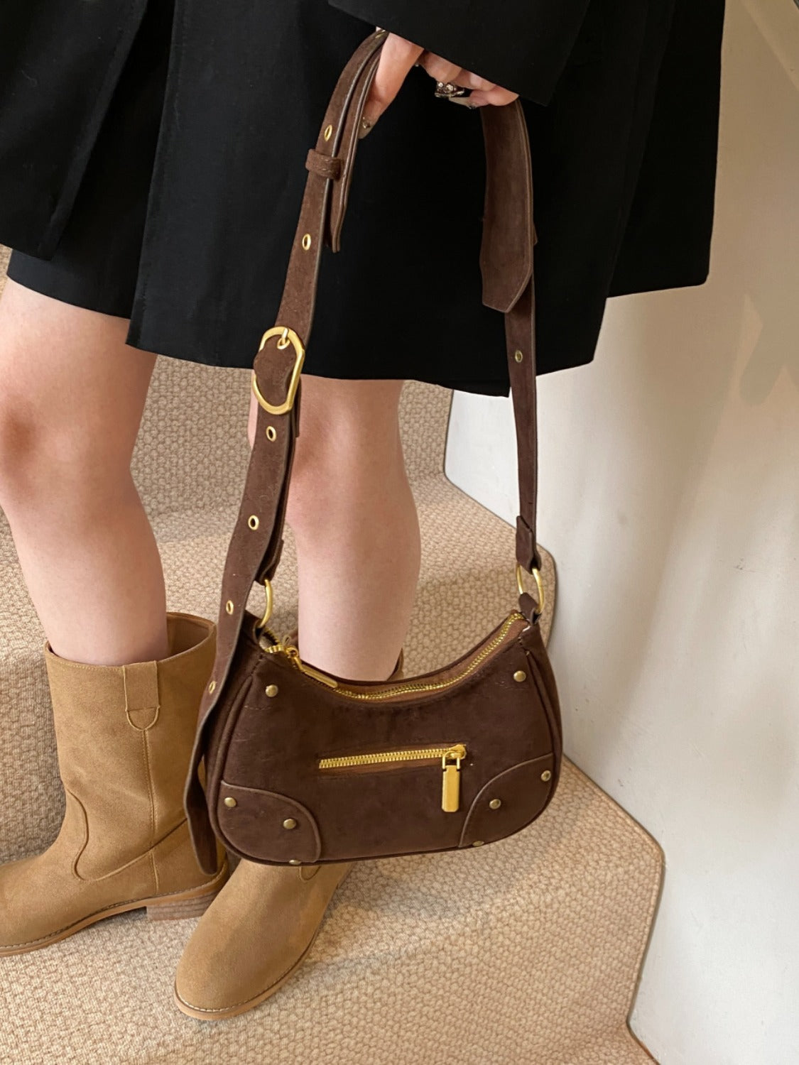 Suede Adjustable Strap Shoulder Bag - MARIGOLD