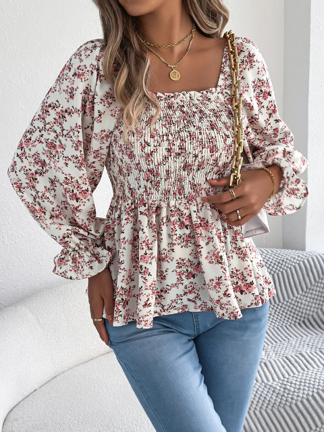 Floral Square Neck Flounce Sleeve Blouse - MARIGOLD