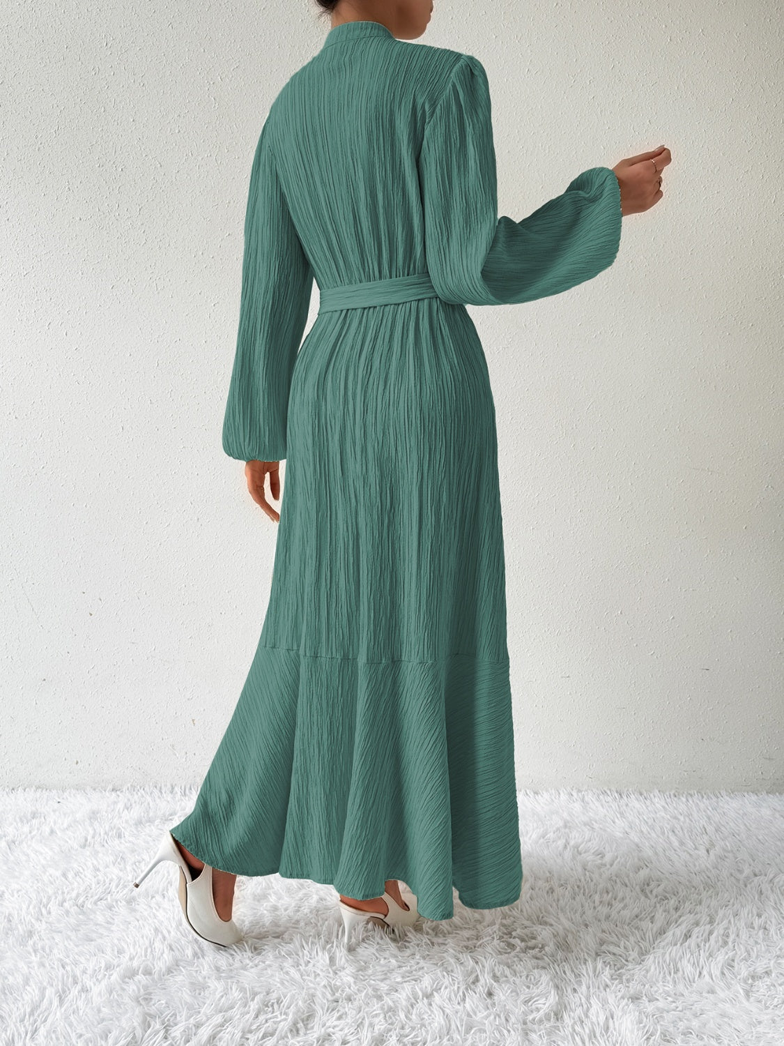 Belted Button Front Long Sleeve Maxi Dress - MARIGOLD