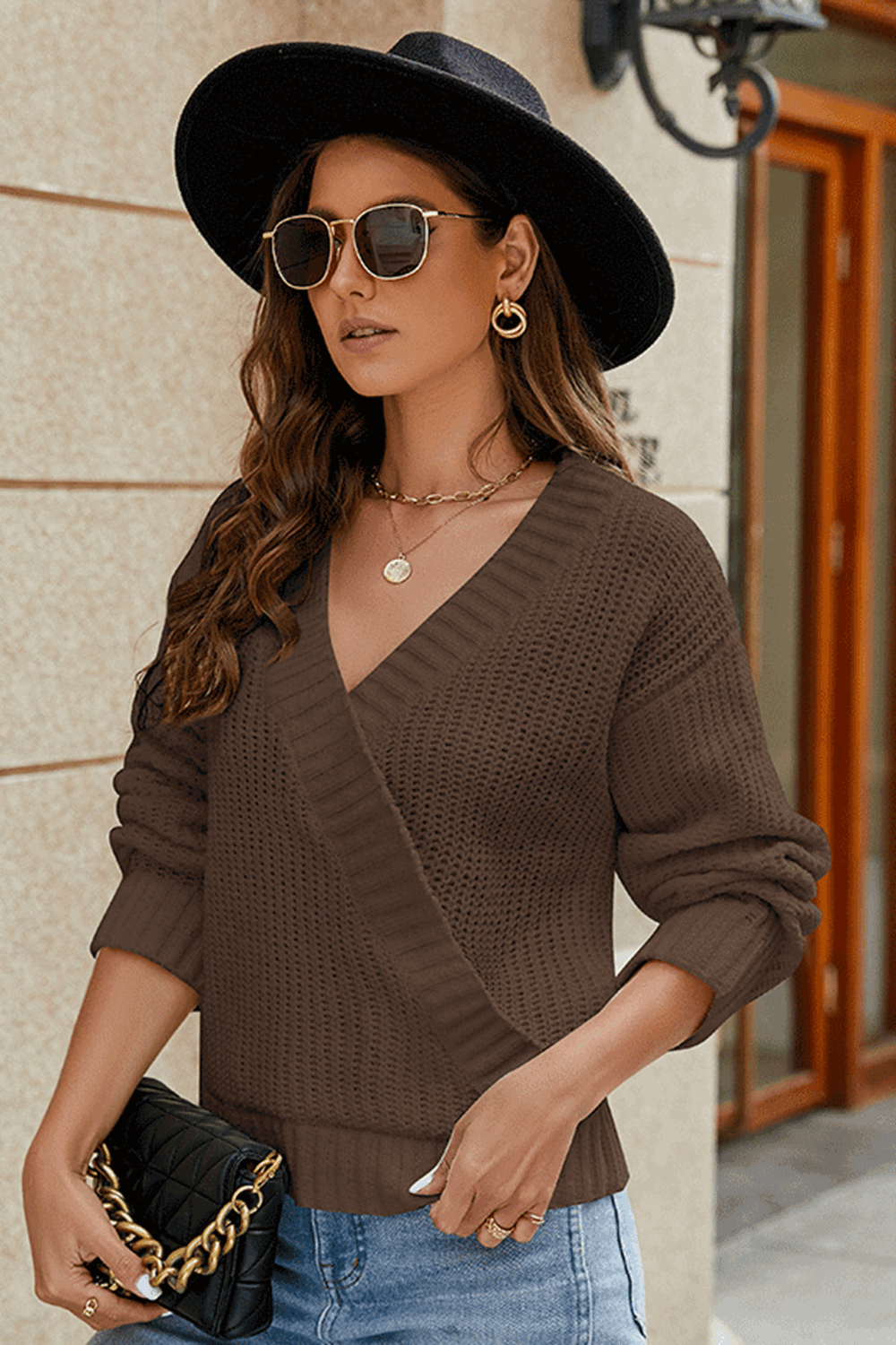 Stylish Surplice Long Sleeve Sweater - MARIGOLD