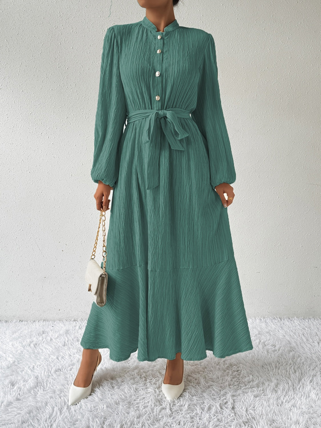 Belted Button Front Long Sleeve Maxi Dress - MARIGOLD