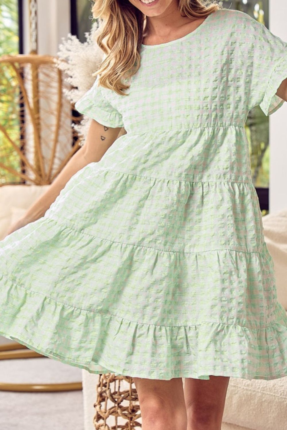 Textured Short Flutter Sleeve Tiered Mini Dress - MARIGOLD