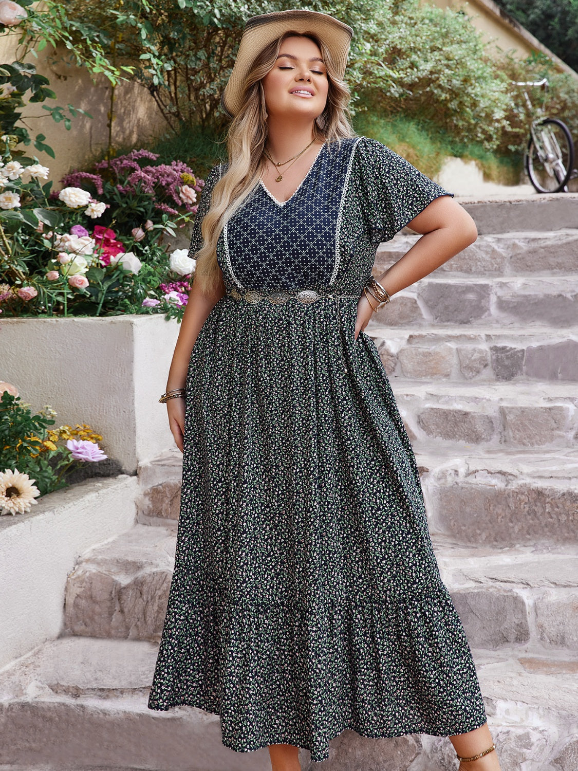 Plus Size Printed V-Neck Flutter Sleeve Midi Dress - MARIGOLD