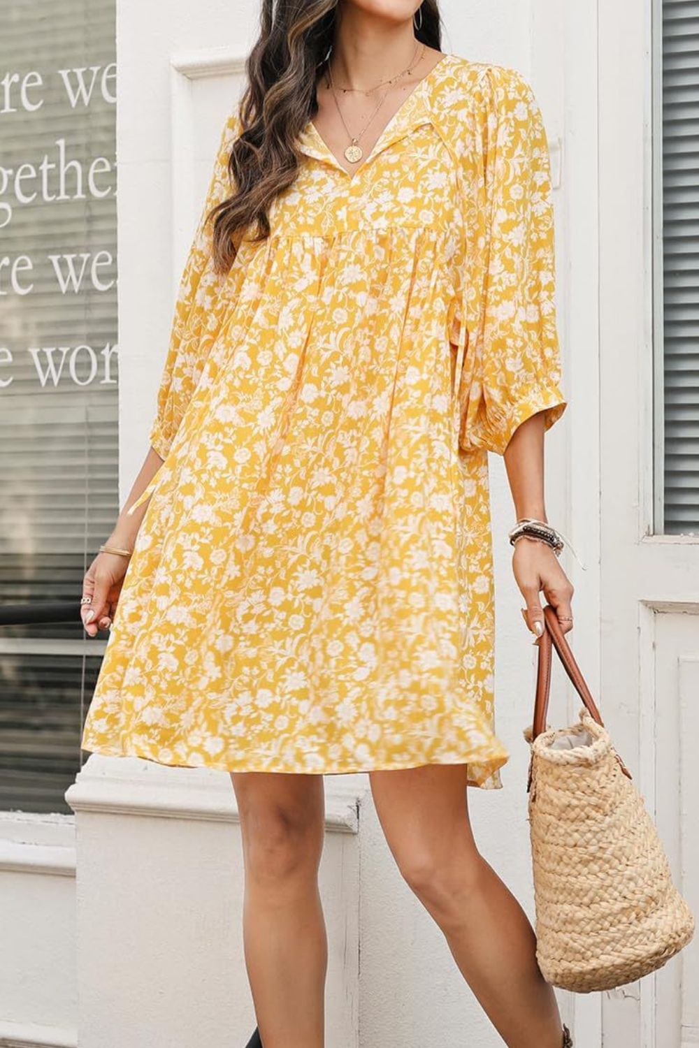Floral Half Sleeve Mini Dress - MARIGOLD