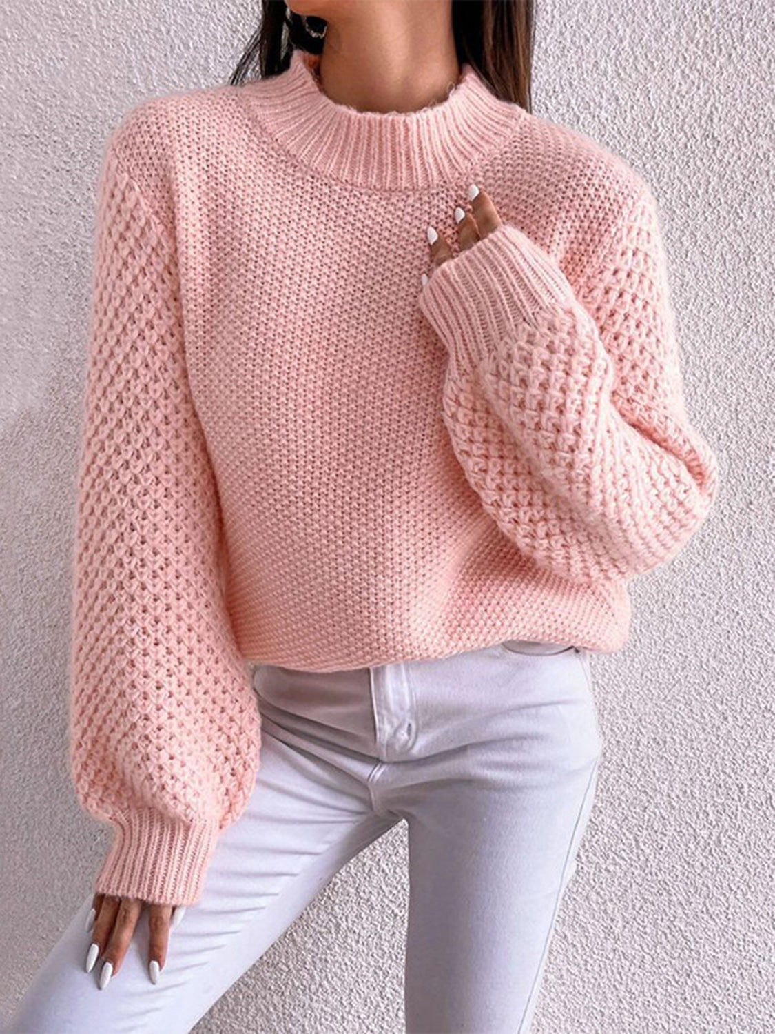 Open-Knit Mock Neck Long Sleeve Sweater - MARIGOLD