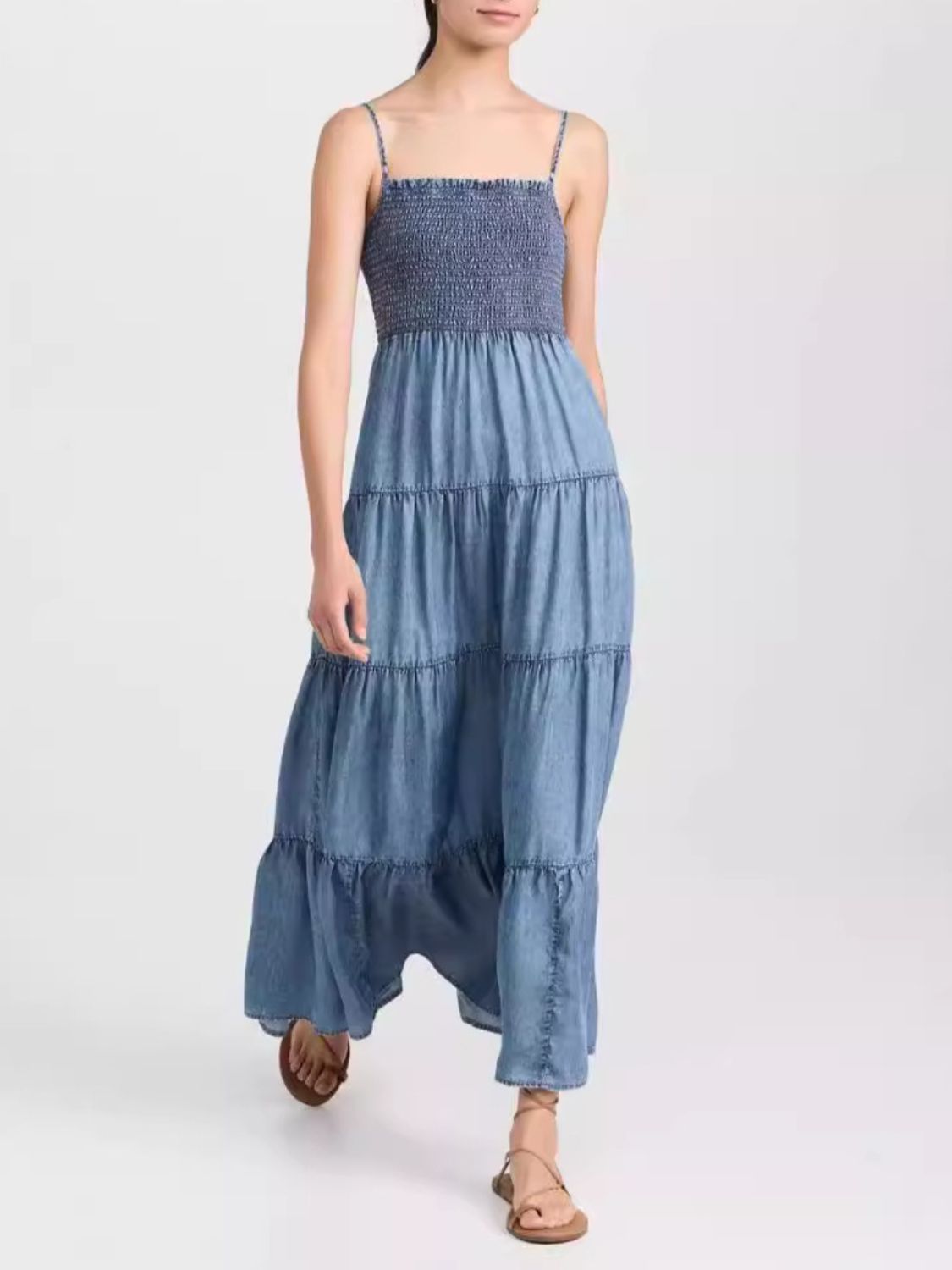 Smocked Square Neck Tiered Denim Cami Dress - MARIGOLD