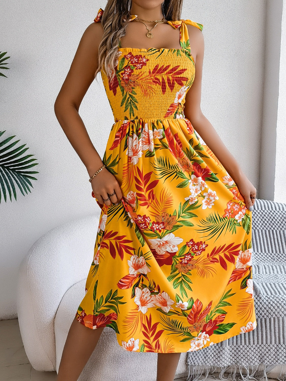 Floral Tie-Shoulder Midi Dress with Smocked Bodice - MARIGOLD