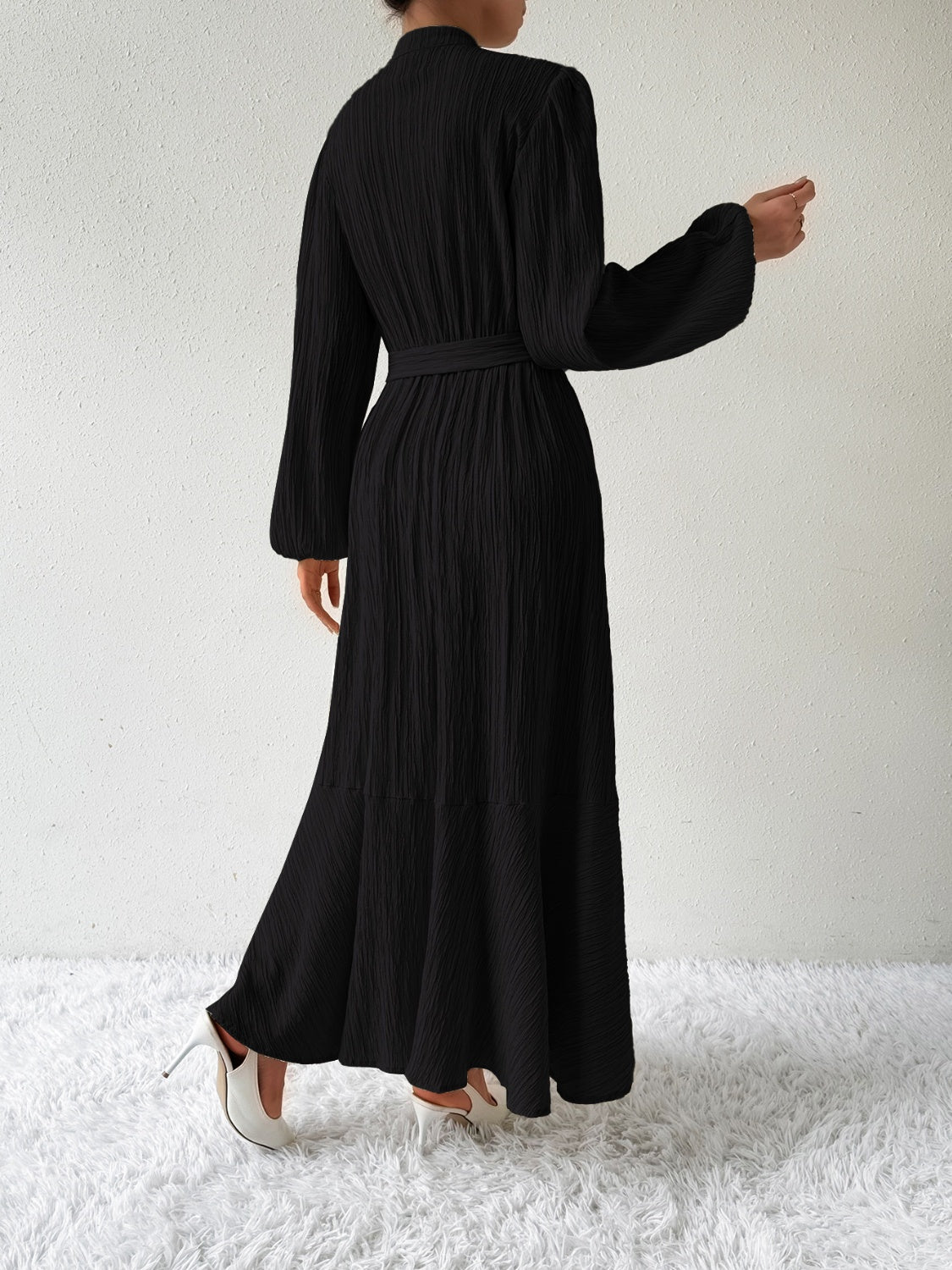 Belted Button Front Long Sleeve Maxi Dress - MARIGOLD