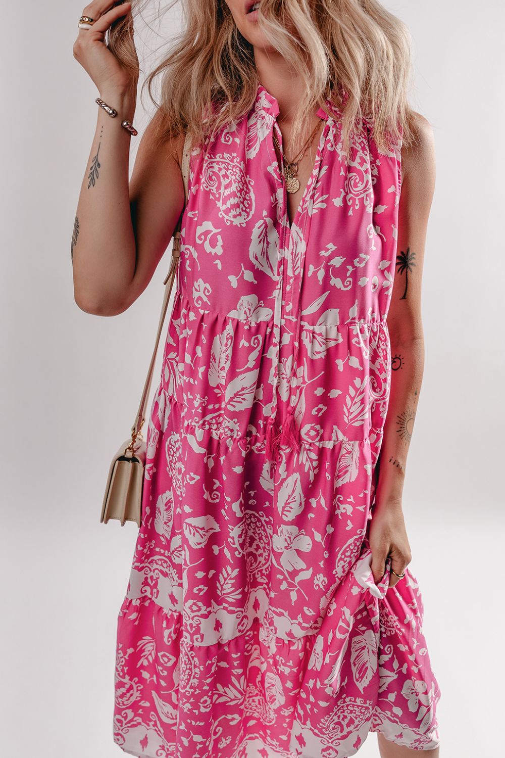 Floral Sleeveless Tasseled Tie Neck Tiered Midi Dress - MARIGOLD