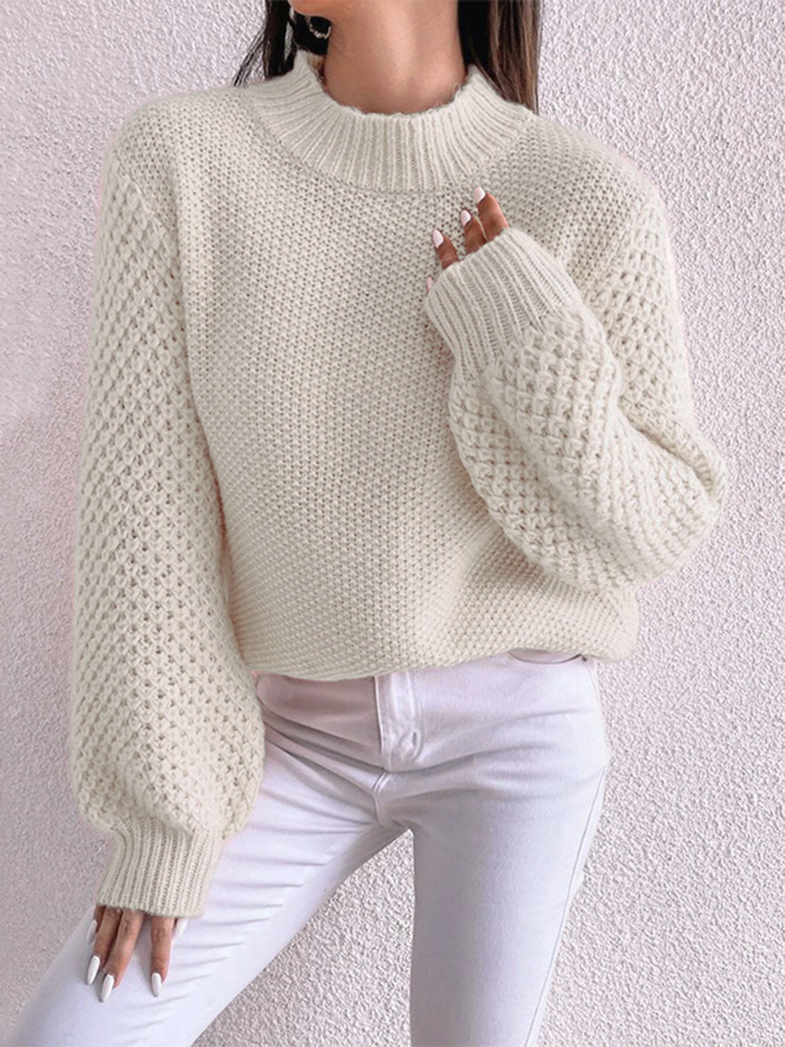 Open-Knit Mock Neck Long Sleeve Sweater - MARIGOLD