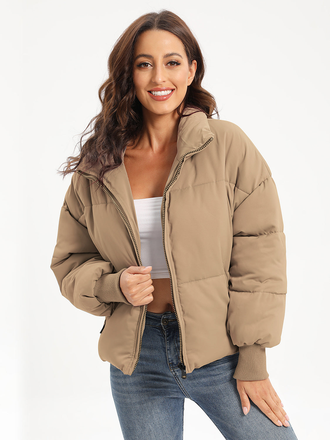 Zip Up Turtleneck Long Sleeve Puffer Jacket - MARIGOLD