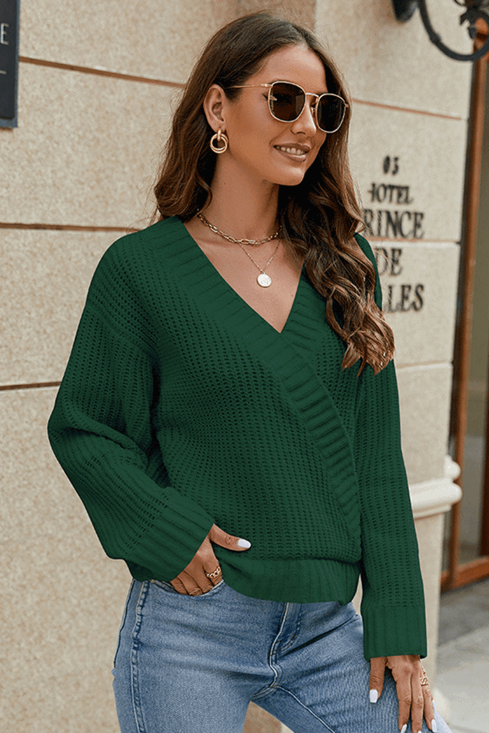 Stylish Surplice Long Sleeve Sweater - MARIGOLD