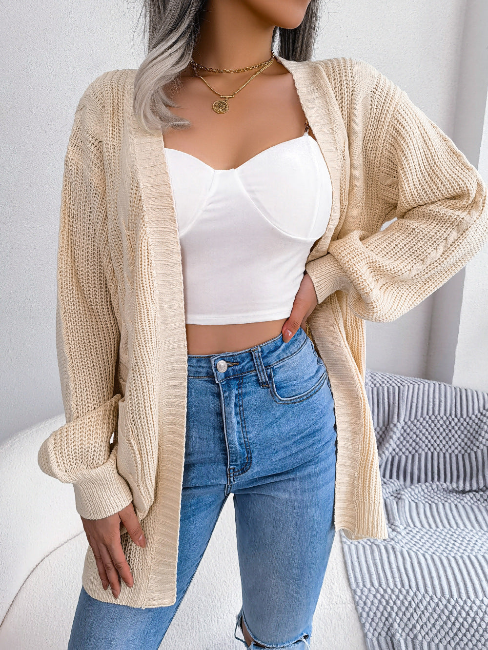 Cable-Knit Open Front Pocketed Cardigan - MARIGOLD