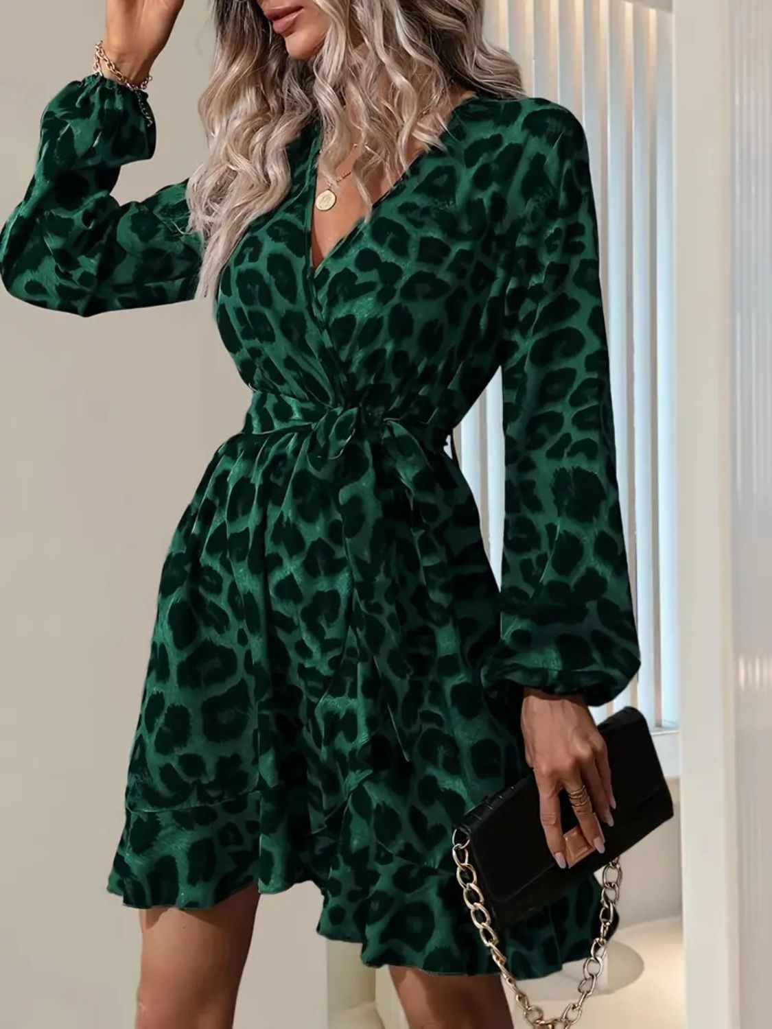 Surplice Mini Dress with Balloon Sleeves & Waist Tie - MARIGOLD