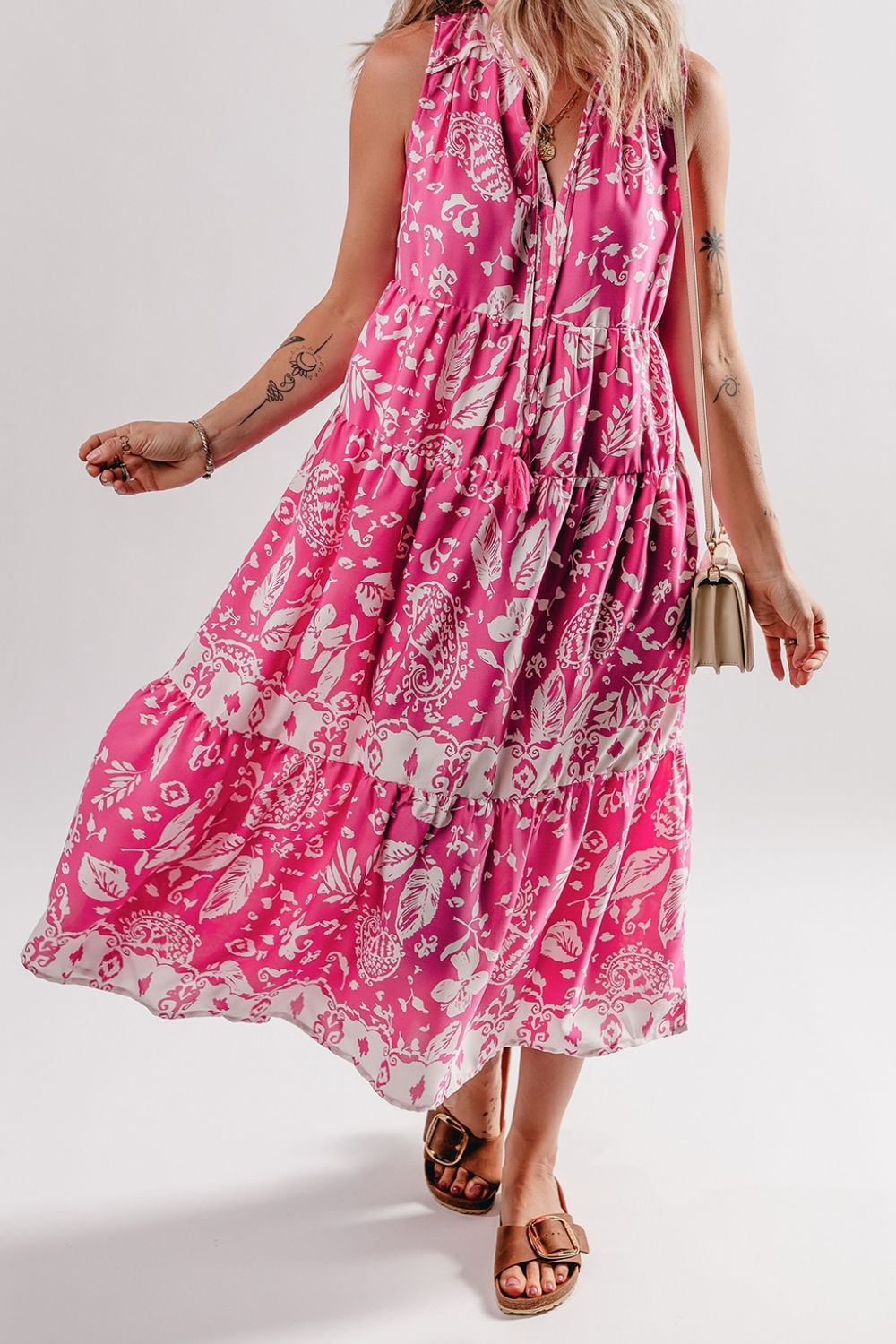 Floral Sleeveless Tasseled Tie Neck Tiered Midi Dress - MARIGOLD