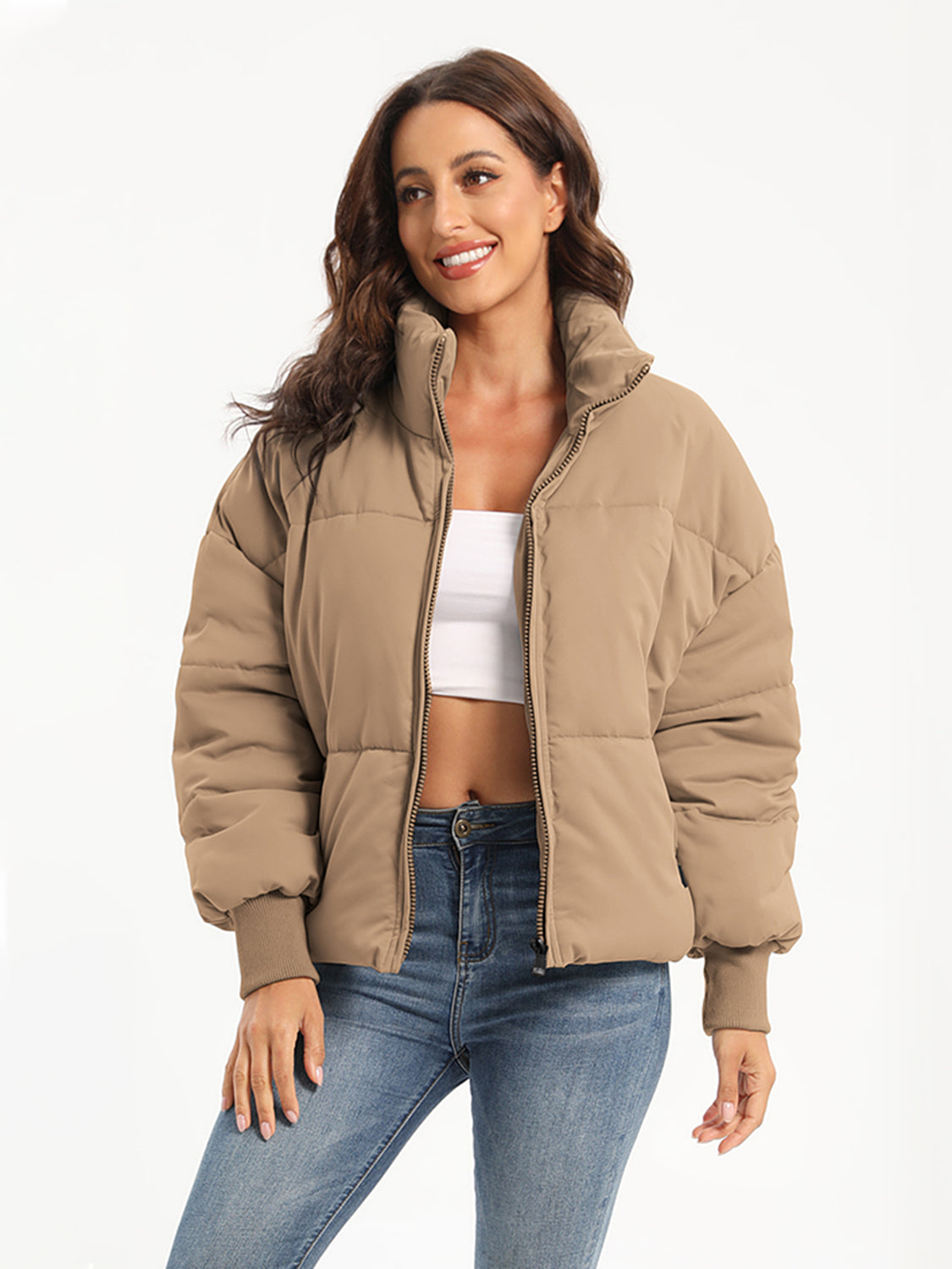 Zip Up Turtleneck Long Sleeve Puffer Jacket - MARIGOLD