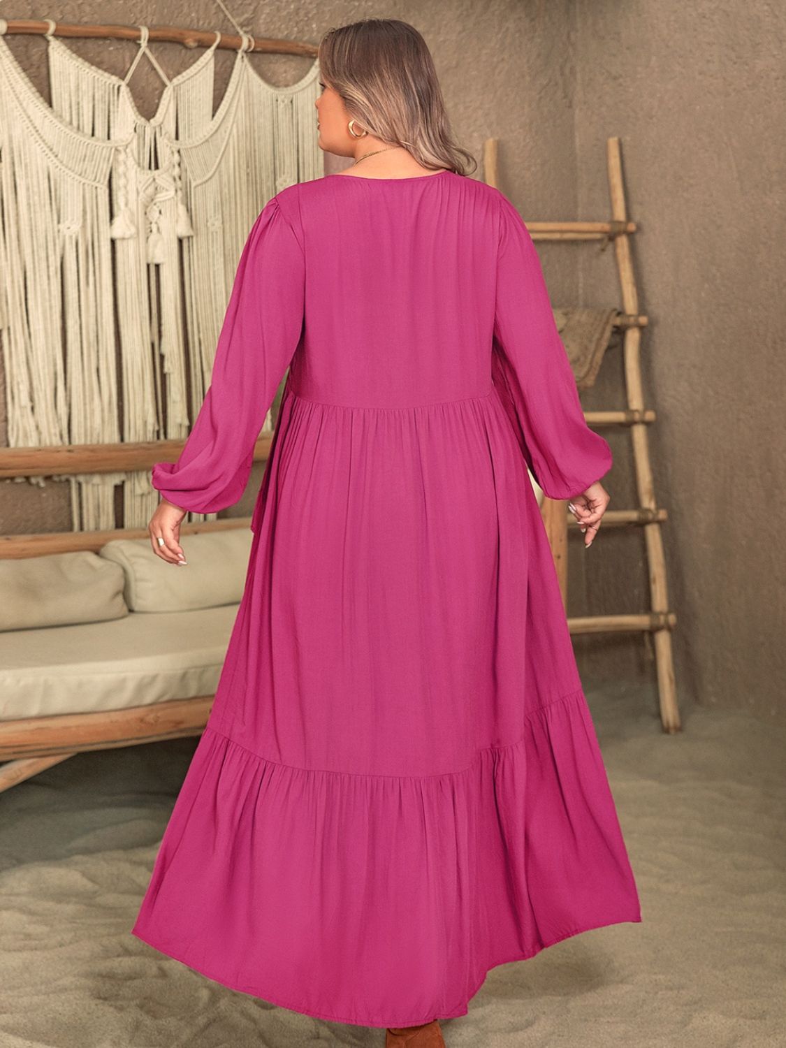 Plus Size Ruffled V-Neck Long Sleeve Dress - MARIGOLD