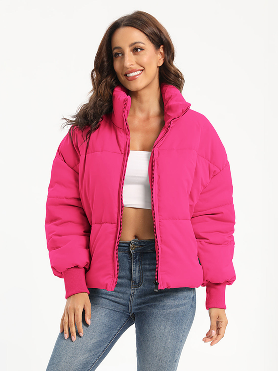 Zip Up Turtleneck Long Sleeve Puffer Jacket - MARIGOLD