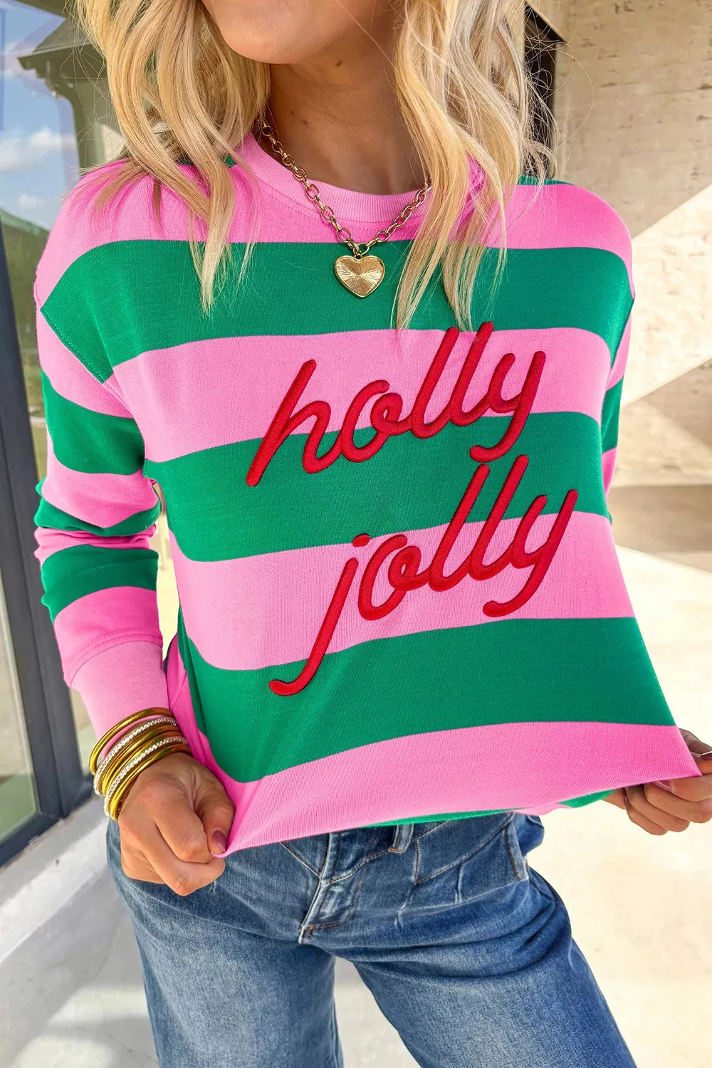 Marigold Collections Australia Stripe Holly Jolly embroidered pullover sweatshirt with festive letter design, cozy knit sweater for winter.