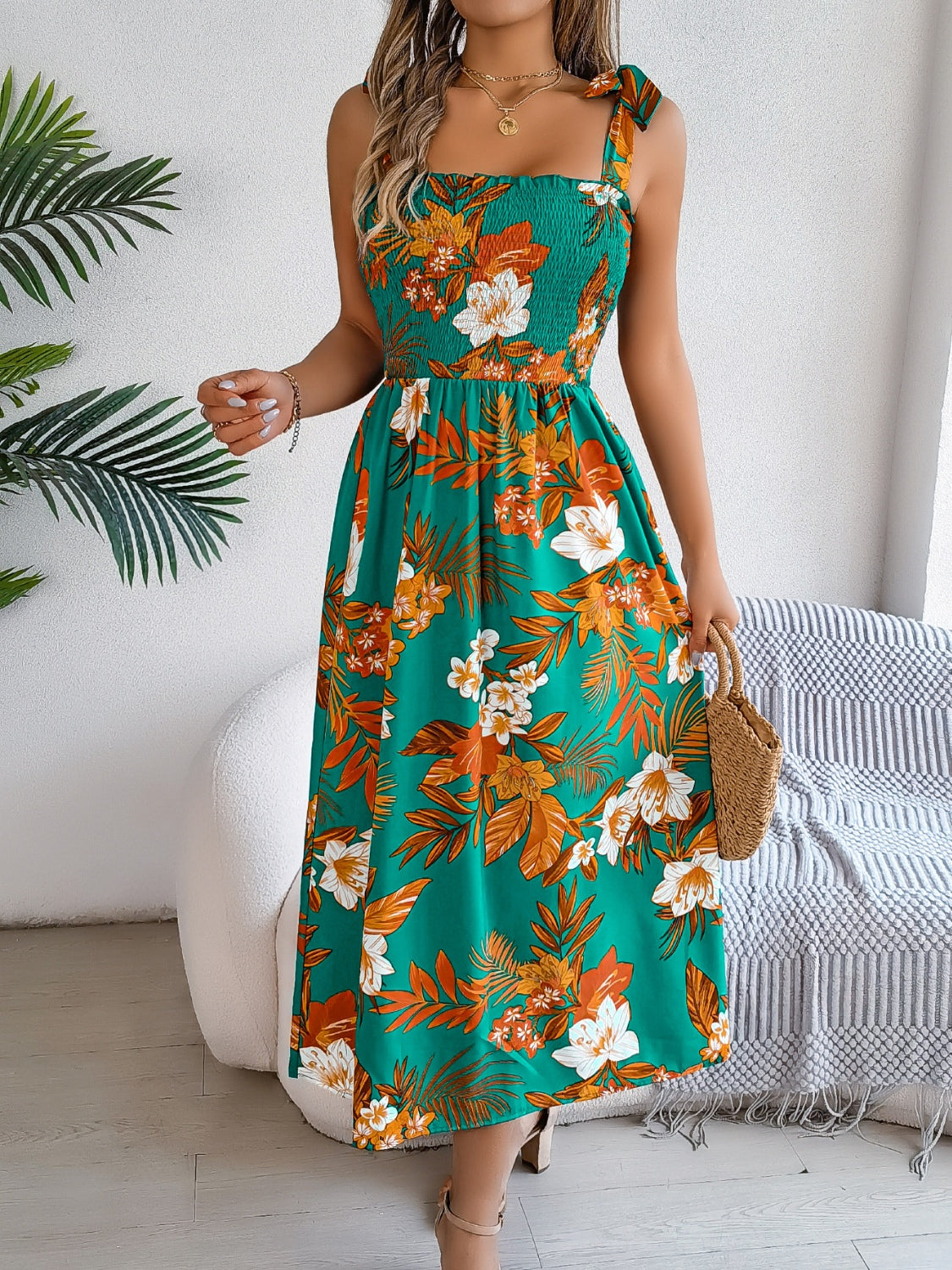 Floral Tie-Shoulder Midi Dress with Smocked Bodice - MARIGOLD