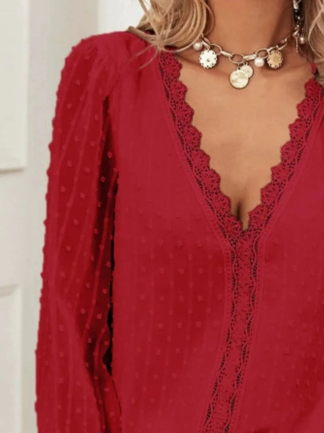 Swiss Dot Lace Detail V-Neck Long Sleeve Blouse - MARIGOLD