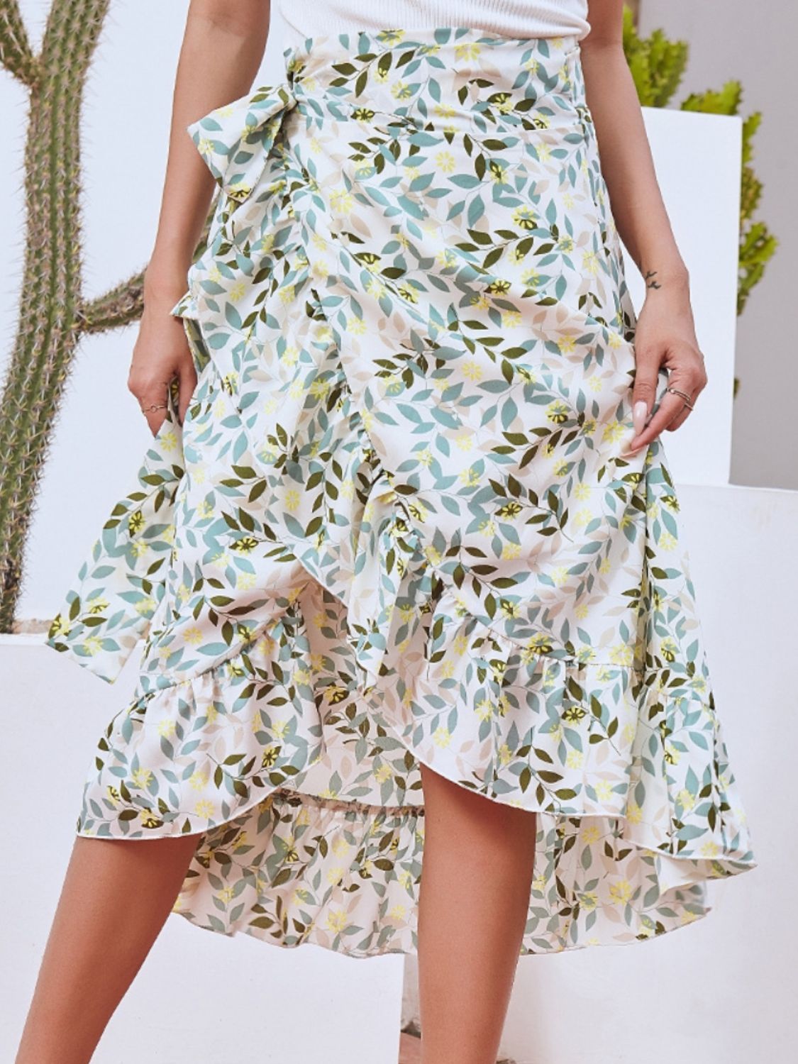 Floral Ruffled Wrap Tie Midi Skirt with Side Tie - MARIGOLD