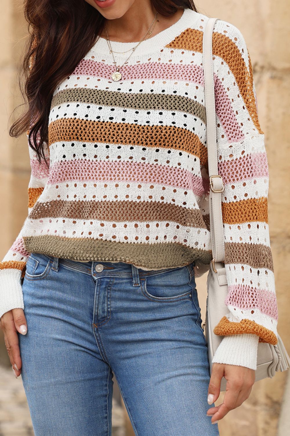 Open Knit Striped Round Neck Sweater - MARIGOLD