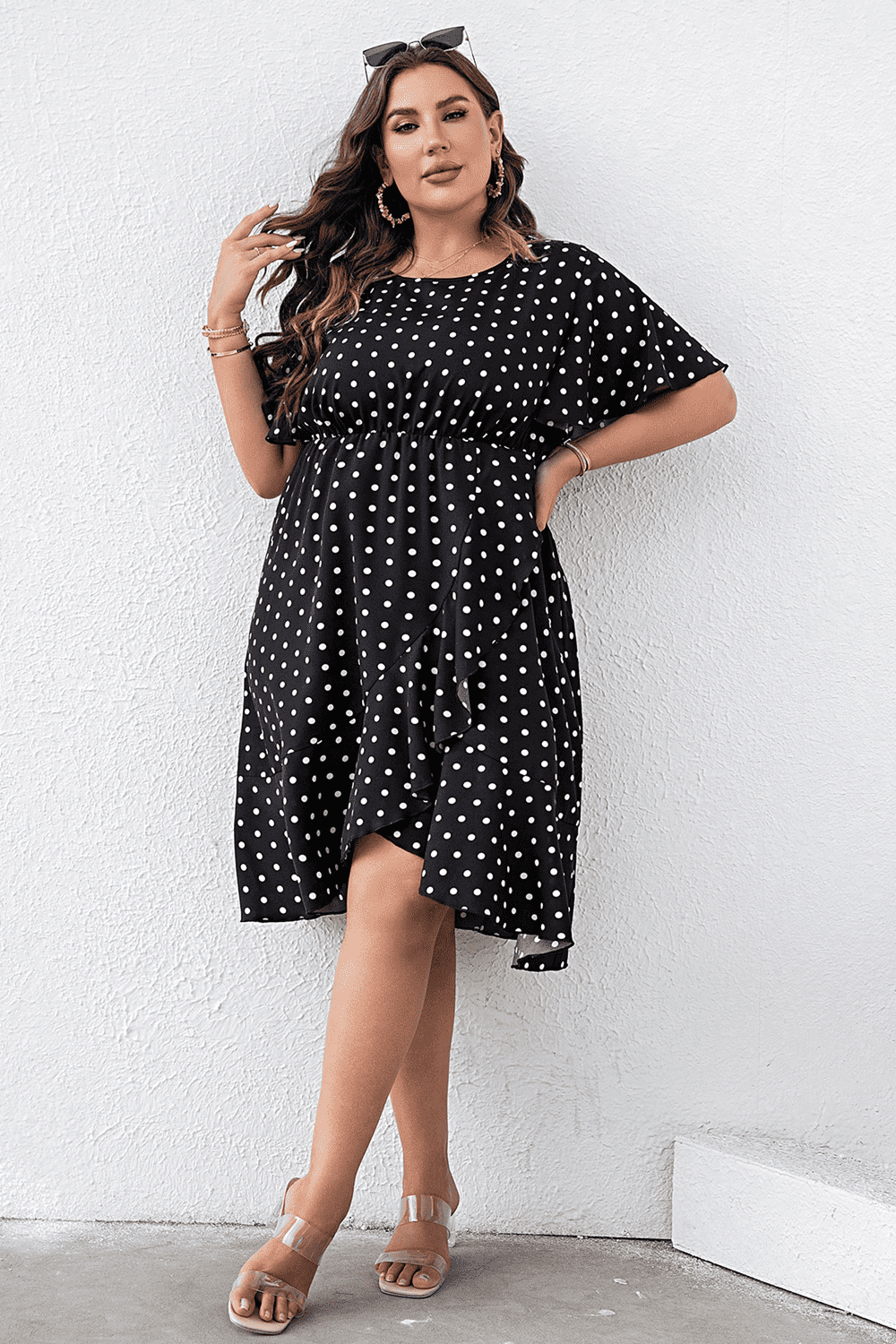 Polka Dot Flutter Sleeve Dress (Curve) - MARIGOLD